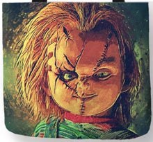Load image into Gallery viewer, new up close chucky face canvas tote bags image is printed on both sides women unisex horror men movie chucky apparel handbags
