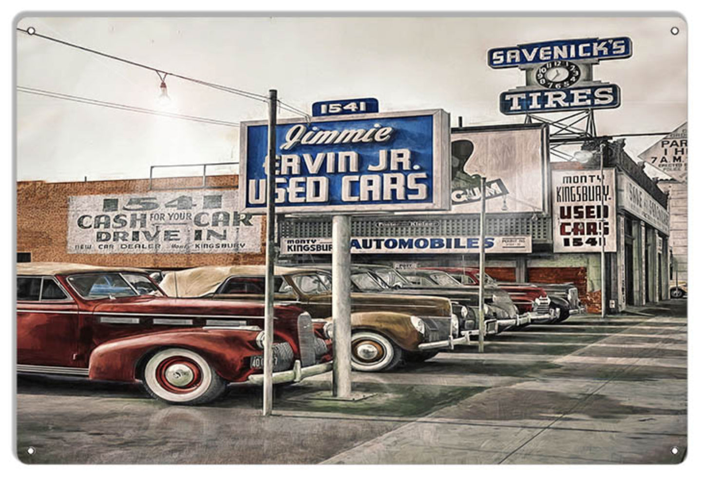Vintage-style metal sign featuring a 1942 Los Angeles used car lot scene with classic automobiles and retro signage, artwork by Bob Kramer.