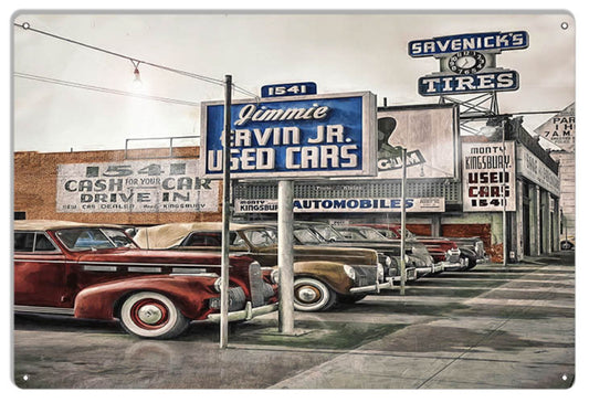 Vintage-style metal sign featuring a 1942 Los Angeles used car lot scene with classic automobiles and retro signage, artwork by Bob Kramer.