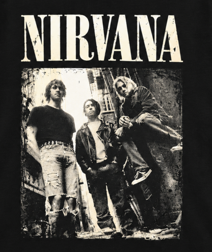 Close-up of the Nirvana Alleyway Band Photo shirt design showing Kurt, Krist, and Dave with distressed photo details and oversized NIRVANA lettering.