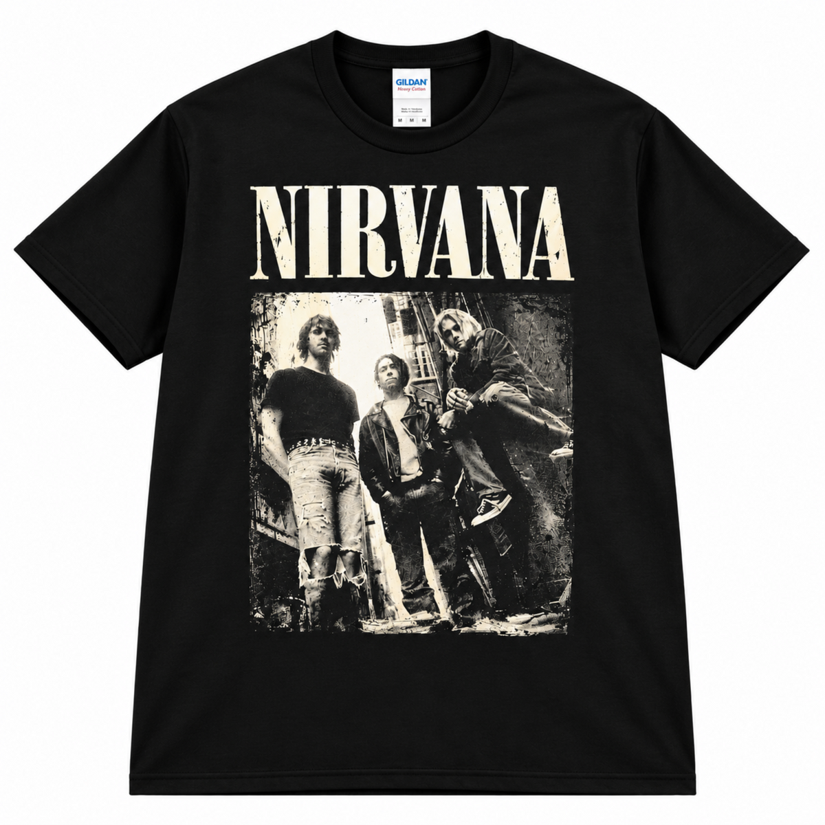 Nirvana Alleyway Band Photo black graphic T-shirt featuring Kurt, Krist, and Dave together in a distressed grunge design—a standout shirt for Nirvana fans.