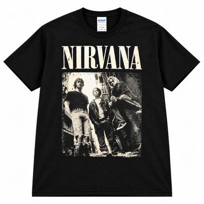 Nirvana Alleyway Band Photo black graphic T-shirt featuring Kurt, Krist, and Dave together in a distressed grunge design—a standout shirt for Nirvana fans.