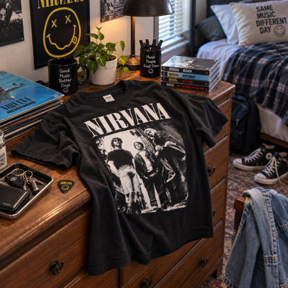 Nirvana Alleyway Band Photo black graphic T-shirt displayed on a record store counter surrounded by vinyl records, highlighting the distressed full-band artwork for Nirvana fans.