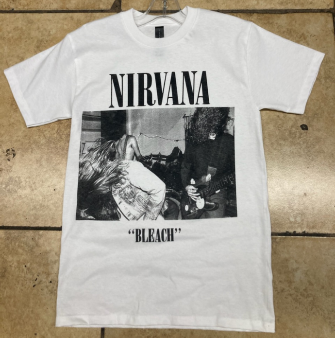 Adult Nirvana 'Bleach' Band T-Shirt featuring a bold graphic of the album cover, available in sizes Small-2XL.