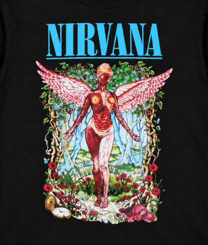 Close-up of the Nirvana In Utero Color Garden design on a black shirt, highlighting the anatomical angel, colorful floral artwork, and bright blue NIRVANA lettering.