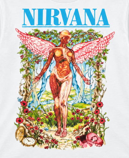 Close-up of the Nirvana In Utero Color Garden design on a white shirt, showing the winged anatomical angel, colorful floral details, and bright blue NIRVANA lettering.