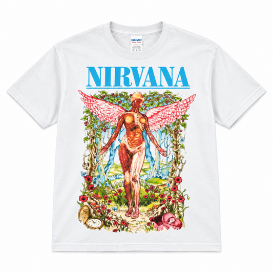 Nirvana In Utero Color Garden white graphic T-shirt featuring the anatomical angel surrounded by colorful flowers and bright blue NIRVANA lettering—a standout shirt for Nirvana fans.