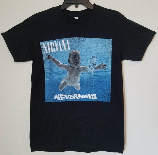 Front view of Nirvana Nevermind graphic T-shirt featuring underwater baby and dollar bill artwork on black tee
