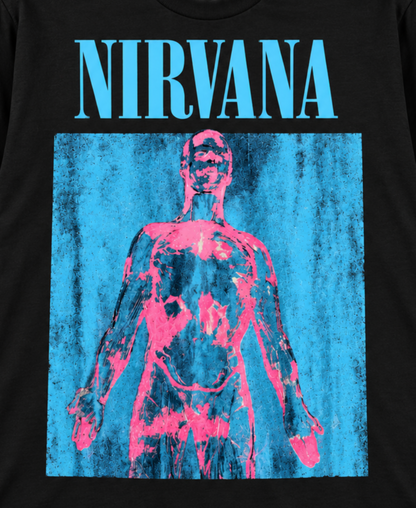 Close-up of the Nirvana Sliver black T-shirt with its blue, pink and red distressed graphic—a bold addition to any longtime Nirvana fan’s collection.