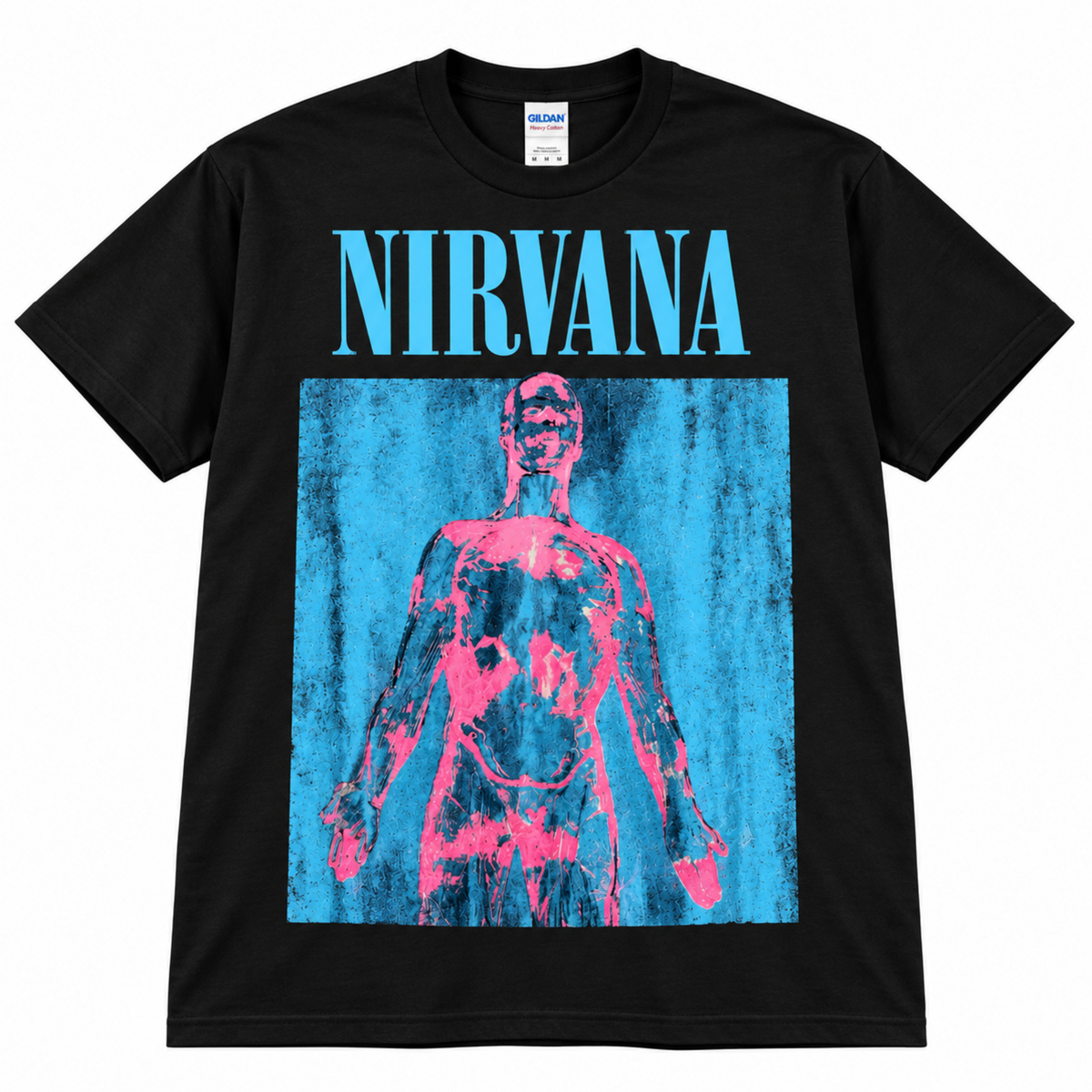 Nirvana Sliver black T-shirt with an oversized blue NIRVANA name and bright pink-red figure against distressed blue—a standout shirt for grunge fans.