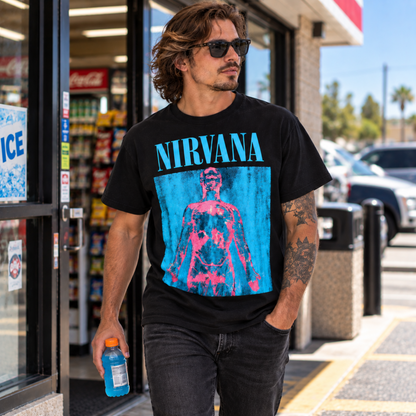Man wearing the Nirvana Sliver black T-shirt outside a convenience store, featuring the bright blue and pink distressed graphic—a standout shirt for Nirvana fans.