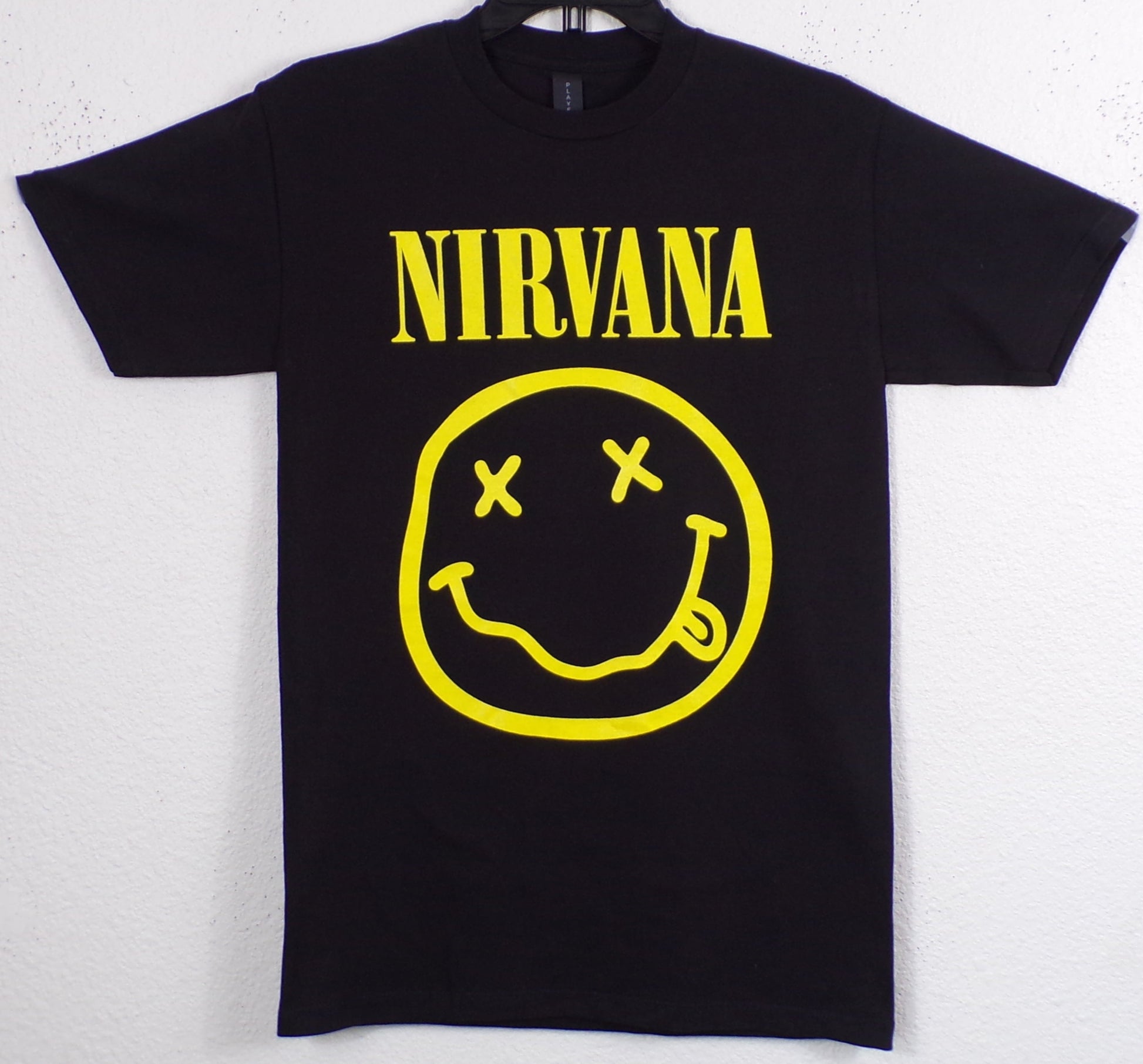 Adult Nirvana 'Smiley Face' Band T-Shirt featuring the iconic yellow smiley logo, available in sizes Small-3XL.