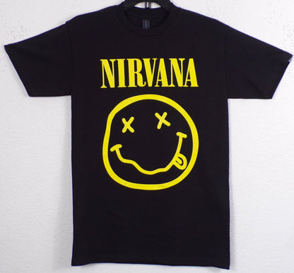 Adult Nirvana 'Smiley Face' Band T-Shirt featuring the iconic yellow smiley logo, available in sizes Small-3XL.