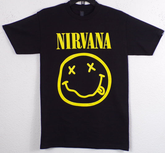 Adult Nirvana 'Smiley Face' Band T-Shirt featuring the iconic yellow smiley logo, available in sizes Small-3XL.