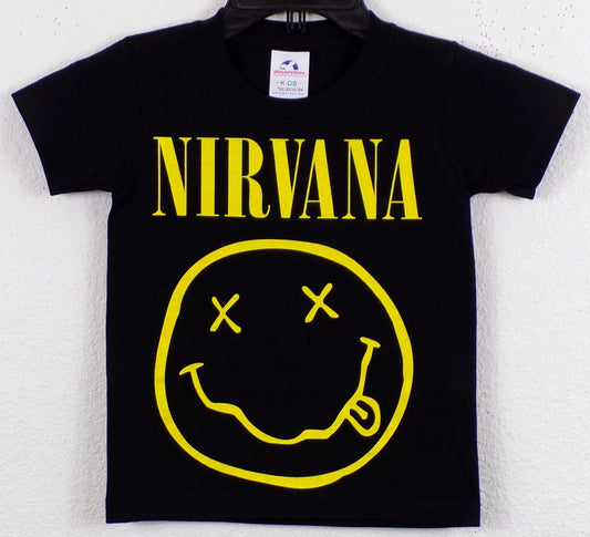 Youth Nirvana Smiley Face Band T-Shirt featuring the iconic smiley face logo. Available in XS-XL
