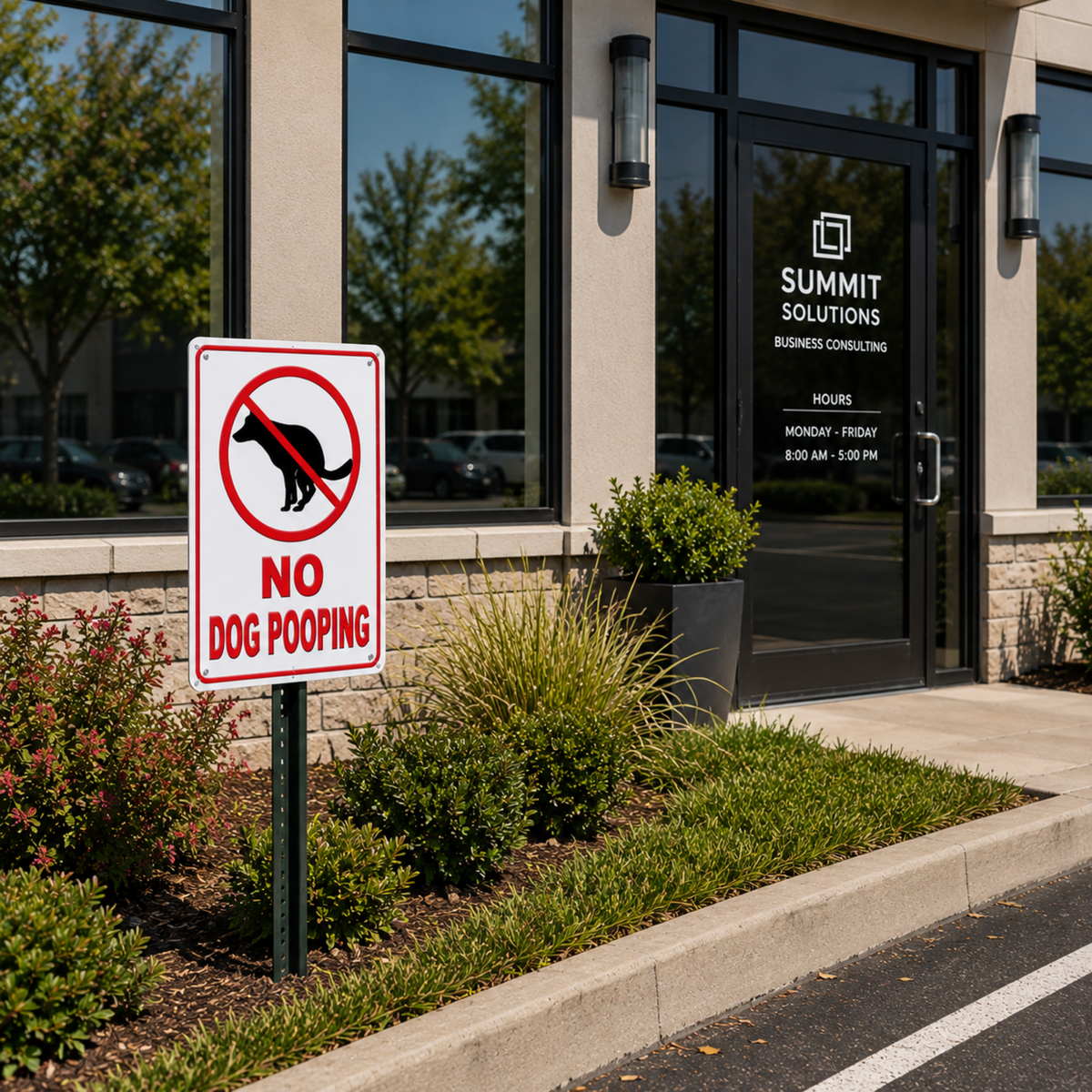 No Dog Pooping Lawn & Property metal sign displayed near landscaped grass as a clear pet waste notice for dog owners.