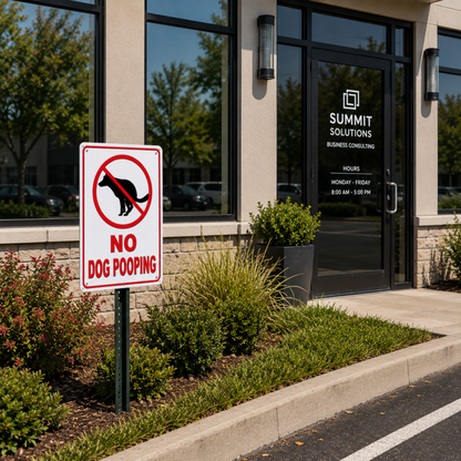 No Dog Pooping Lawn & Property metal sign displayed near landscaped grass as a clear pet waste notice for dog owners.