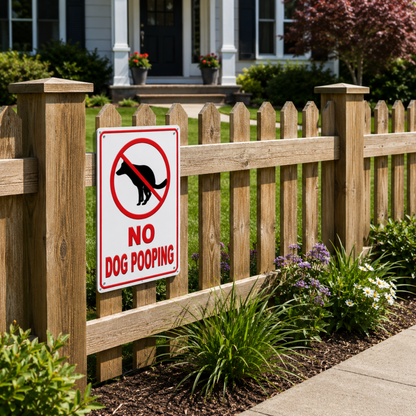 No Dog Pooping 12"W × 18"H metal sign displayed outdoors near a lawn and residential property to discourage unwanted dog waste.