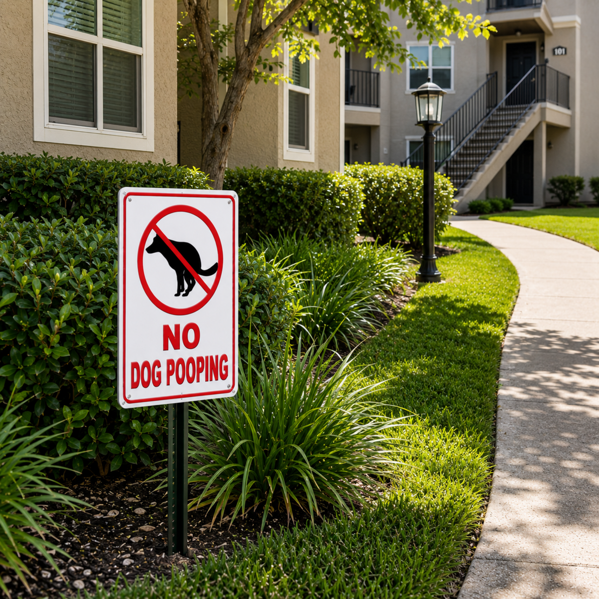 12"W × 18"H No Dog Pooping metal sign displayed outdoors near a walkway and lawn for residential or commercial property use.