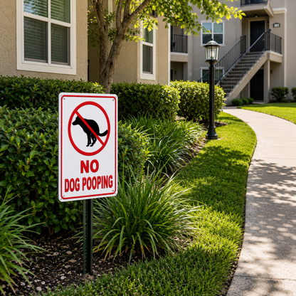 12"W × 18"H No Dog Pooping metal sign displayed outdoors near a walkway and lawn for residential or commercial property use.