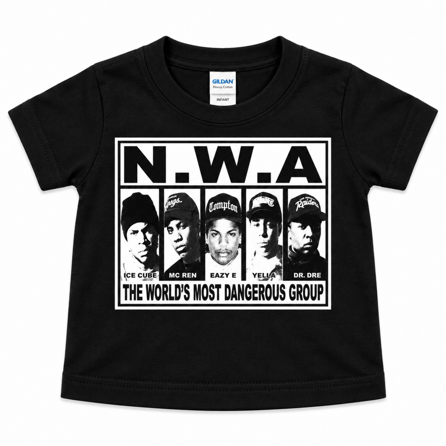 N.W.A. World's Most Dangerous Group black infant graphic T-shirt featuring Ice Cube, MC Ren, Eazy-E, DJ Yella, and Dr. Dre, available in sizes 6M-24M.