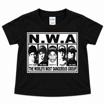 N.W.A. World's Most Dangerous Group black infant graphic T-shirt featuring Ice Cube, MC Ren, Eazy-E, DJ Yella, and Dr. Dre, available in sizes 6M-24M.