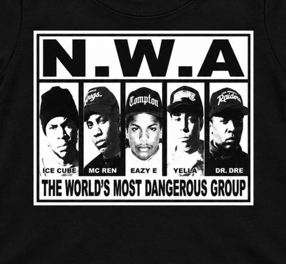 Close-up of the N.W.A. World's Most Dangerous Group infant shirt design featuring the classic five-member lineup in a black-and-white portrait.