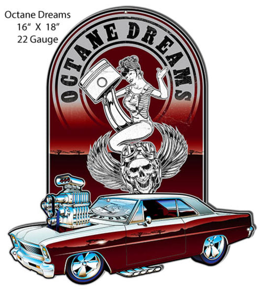 “Octane Dreams” metal sign by Bernard Oliver featuring a detailed hot rod, piston artwork, and skull-wing garage art design.