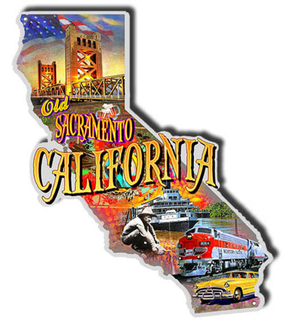 Old Sacramento California laser cut steel sign by Phil Hamilton featuring the Tower Bridge, historic paddlewheel riverboat, streamlined locomotive, and classic cruiser in a California state-shaped design.