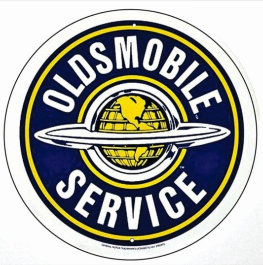 Oldsmobile Service embossed round aluminum sign featuring the classic globe and rocket emblem, available in 12 inch and 24 inch diameter, ideal for garage or workshop décor.