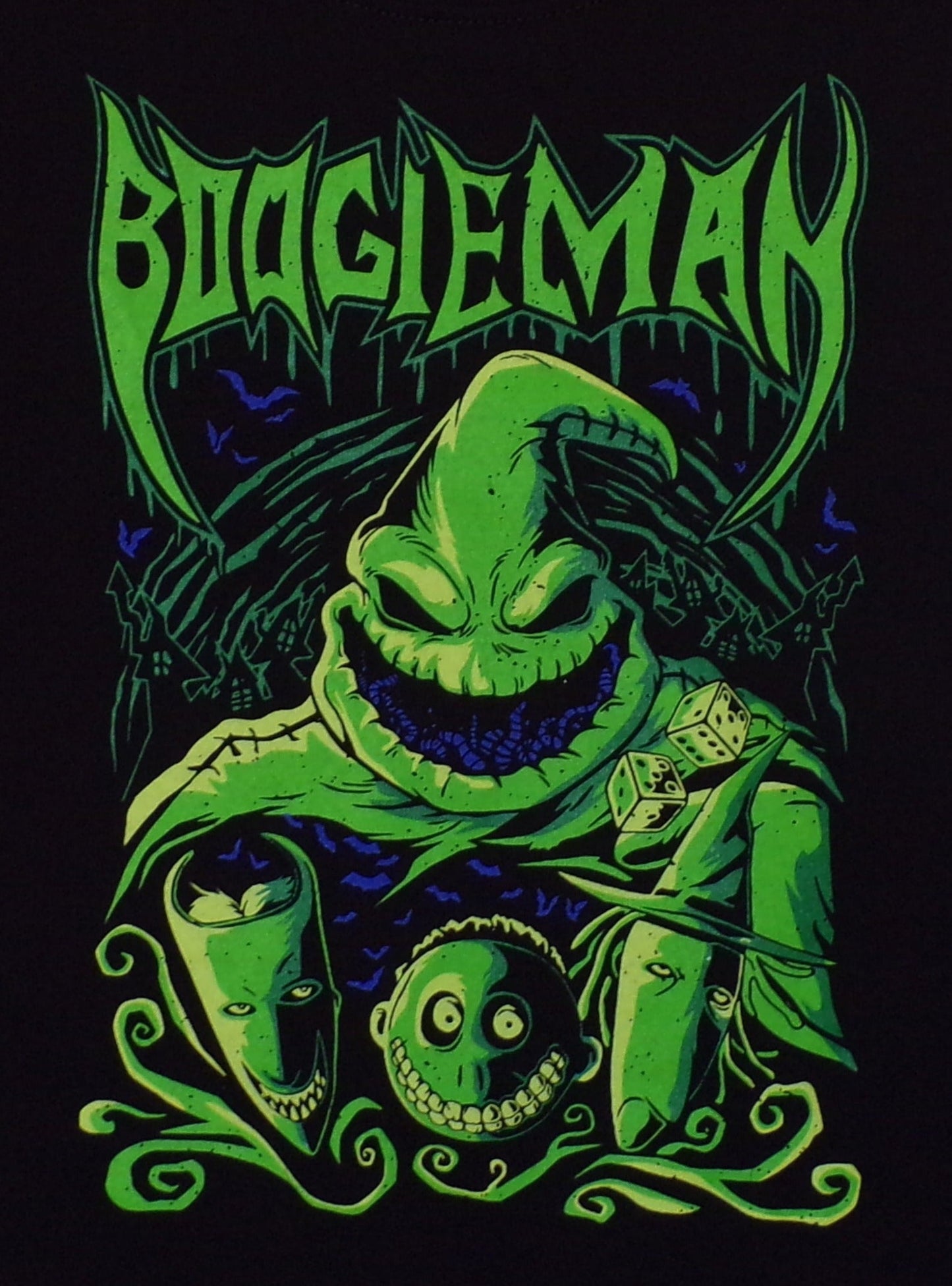 Oogie Boogie Youth Silkscreen T-Shirt featuring a vibrant design of Oogie Boogie from The Nightmare Before Christmas. Available in XS-XL.