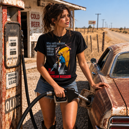 Woman wearing The Original 1974 Texas Chainsaw Massacre black T-shirt at a roadside gas station, featuring Leatherface with his chainsaw—a must-have for classic horror fans.