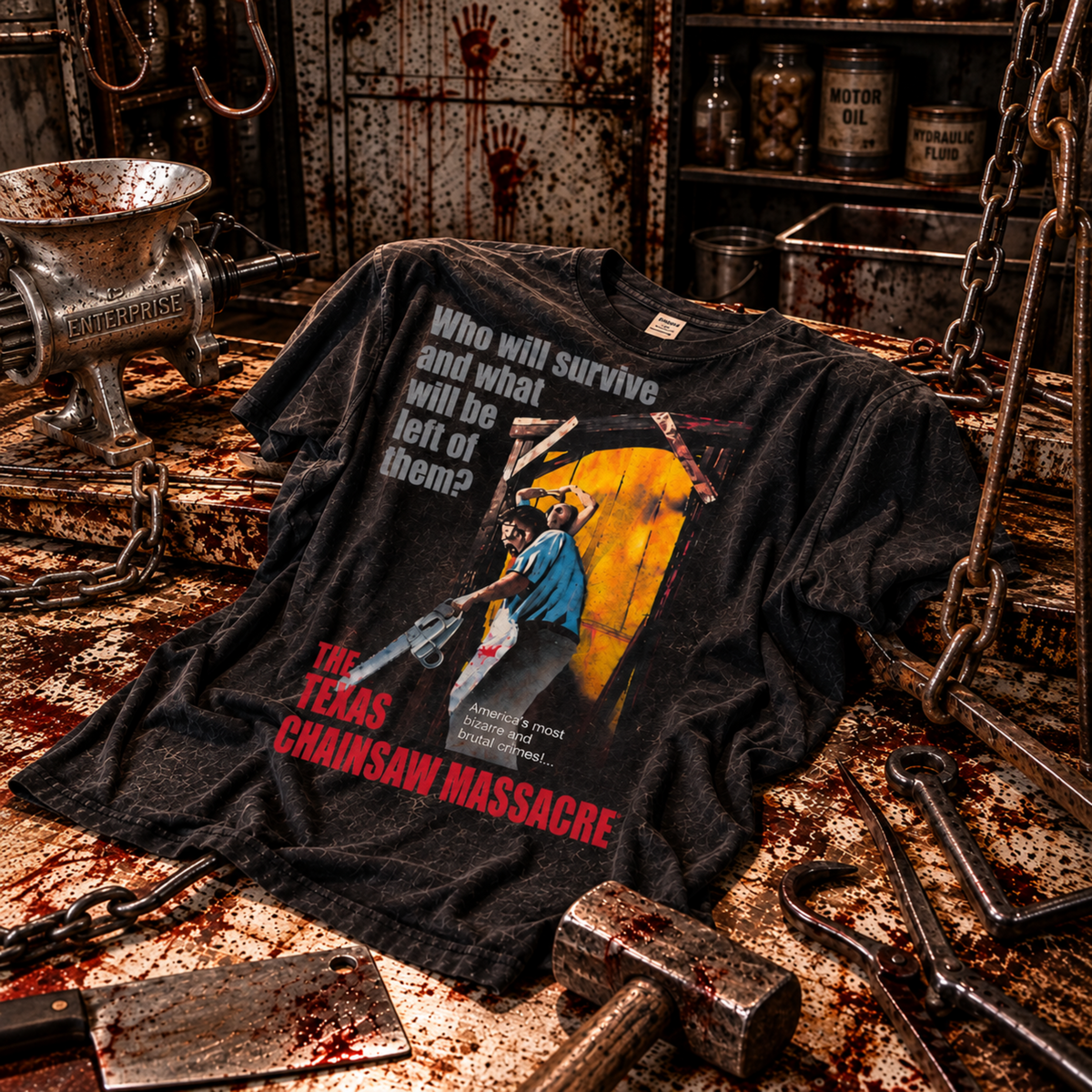 The Original 1974 Texas Chainsaw Massacre black T-shirt displayed in a bone-filled room, featuring the Leatherface chainsaw design—a killer pick for classic horror collectors.