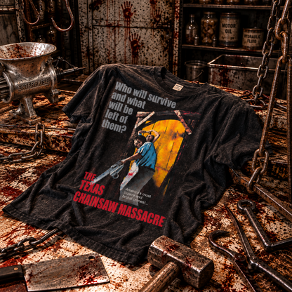 The Original 1974 Texas Chainsaw Massacre black T-shirt displayed in a bone-filled room, featuring the Leatherface chainsaw design—a killer pick for classic horror collectors.