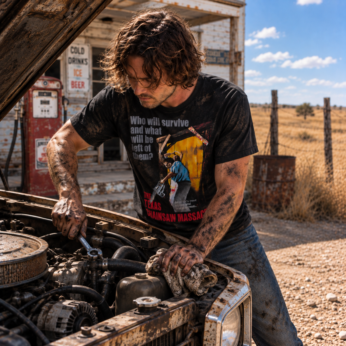 Man wearing The Original 1974 Texas Chainsaw Massacre black T-shirt in a junkyard, featuring Leatherface with his chainsaw—a standout choice for classic horror fans.