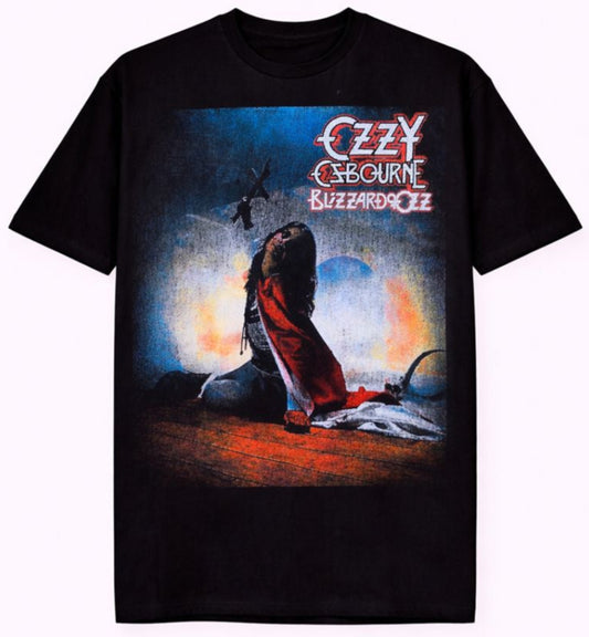 Ozzy Osbourne “Blizzard of Ozz” album cover T-shirt with crucifix pose and dramatic lighting — unisex fit, small to 2XL.