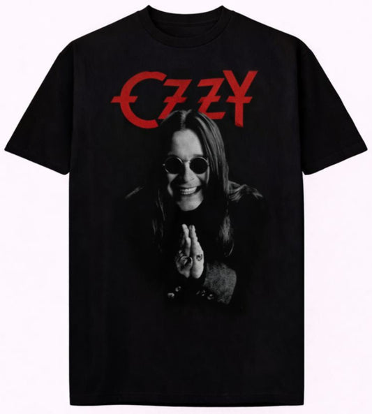Front view of Ozzy Osbourne Devilish Grin T-shirt featuring red gothic text and grayscale portrait, silkscreen printed, unisex fit.