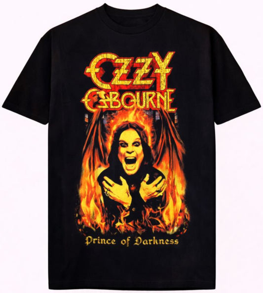 Black “Ozzy Osbourne – Prince of Darkness” unisex T-shirt with flaming gothic artwork and fiery logo design, Small–2XL.