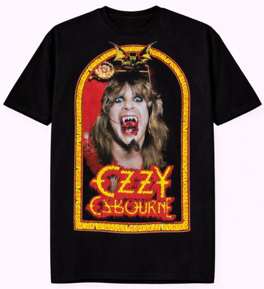 Black “Ozzy Osbourne – Speak of the Devil” unisex T-shirt featuring vampiric artwork in red and gold gothic frame, Small–2XL.