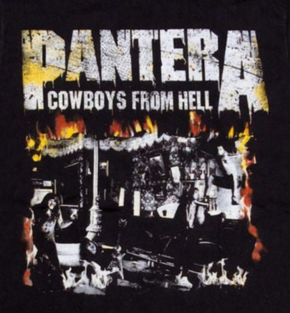 Front view of Pantera Cowboys From Hell album cover fire graphic T-shirt featuring flame frame and band artwork on black tee