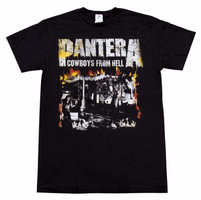 Front view of Pantera Cowboys From Hell album cover fire graphic T-shirt featuring flame frame and band artwork on black tee