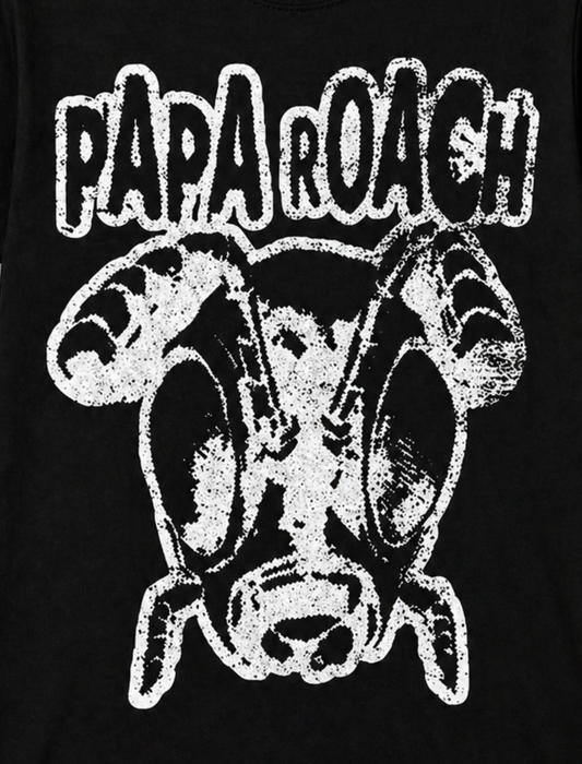 Close-up of the Papa Roach Infest Cockroach T-shirt featuring the distressed white cockroach artwork, long antennae and bold Papa Roach band name.