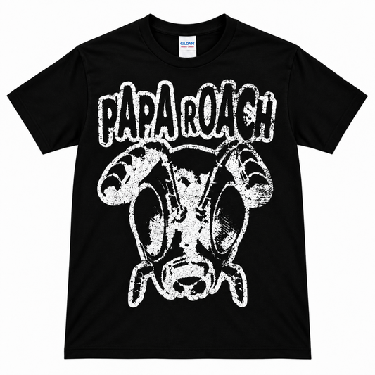 Black Papa Roach Infest Cockroach graphic T-shirt featuring the band’s large distressed white roach design and weathered Papa Roach lettering.