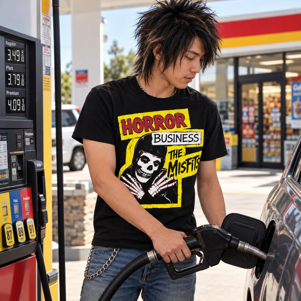Man wearing a black Papa Roach Infest Cockroach graphic T-shirt while fueling a car at a gas station, featuring the distressed white cockroach design.