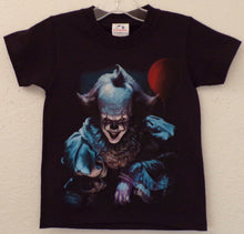 Load image into Gallery viewer, Horror Pennywise IT Clown Youth Silkscreen T-Shirt featuring a detailed design of Pennywise from the iconic horror movie IT. Available in sizes XS-XL youth from JB Accessories05                
