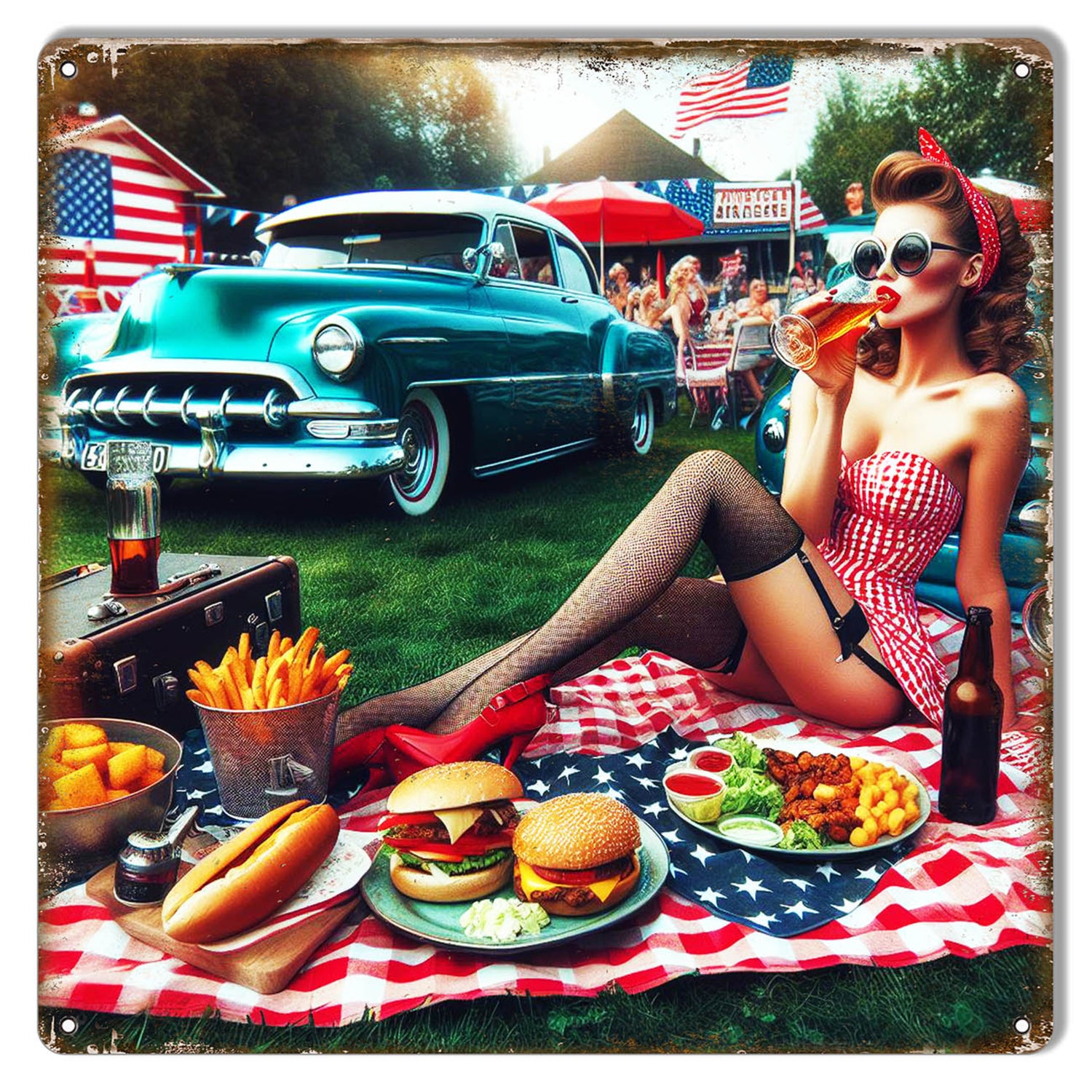 Retro 1950s-style picnic scene featuring classic cars, vintage picnic setup, and bright Americana summer colors.