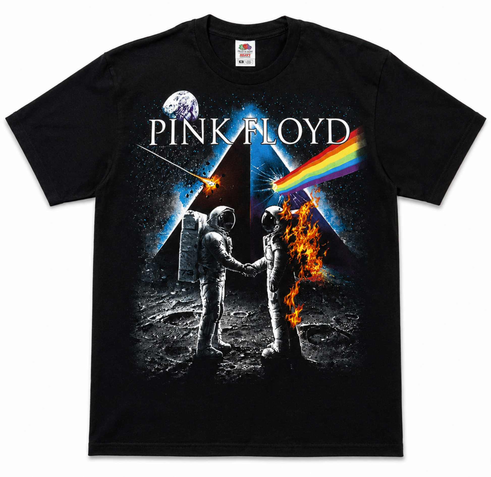 Pink Floyd Space Handshake graphic T-shirt with prism rainbow astronaut design unisex sizes S–3XL