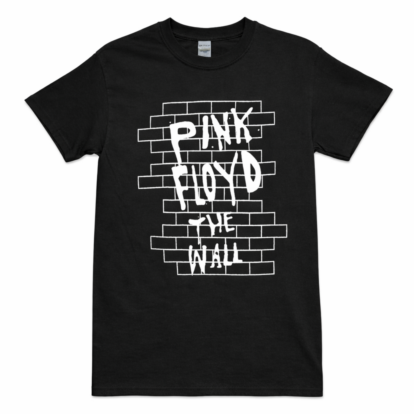 Front view of Pink Floyd The Wall graphic T-shirt featuring brick wall design printed in silkscreen on black cotton tee