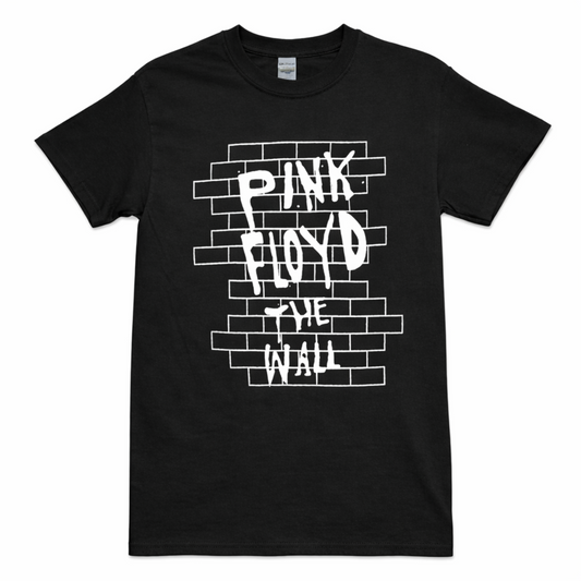 Front view of Pink Floyd The Wall graphic T-shirt featuring brick wall design printed in silkscreen on black cotton tee