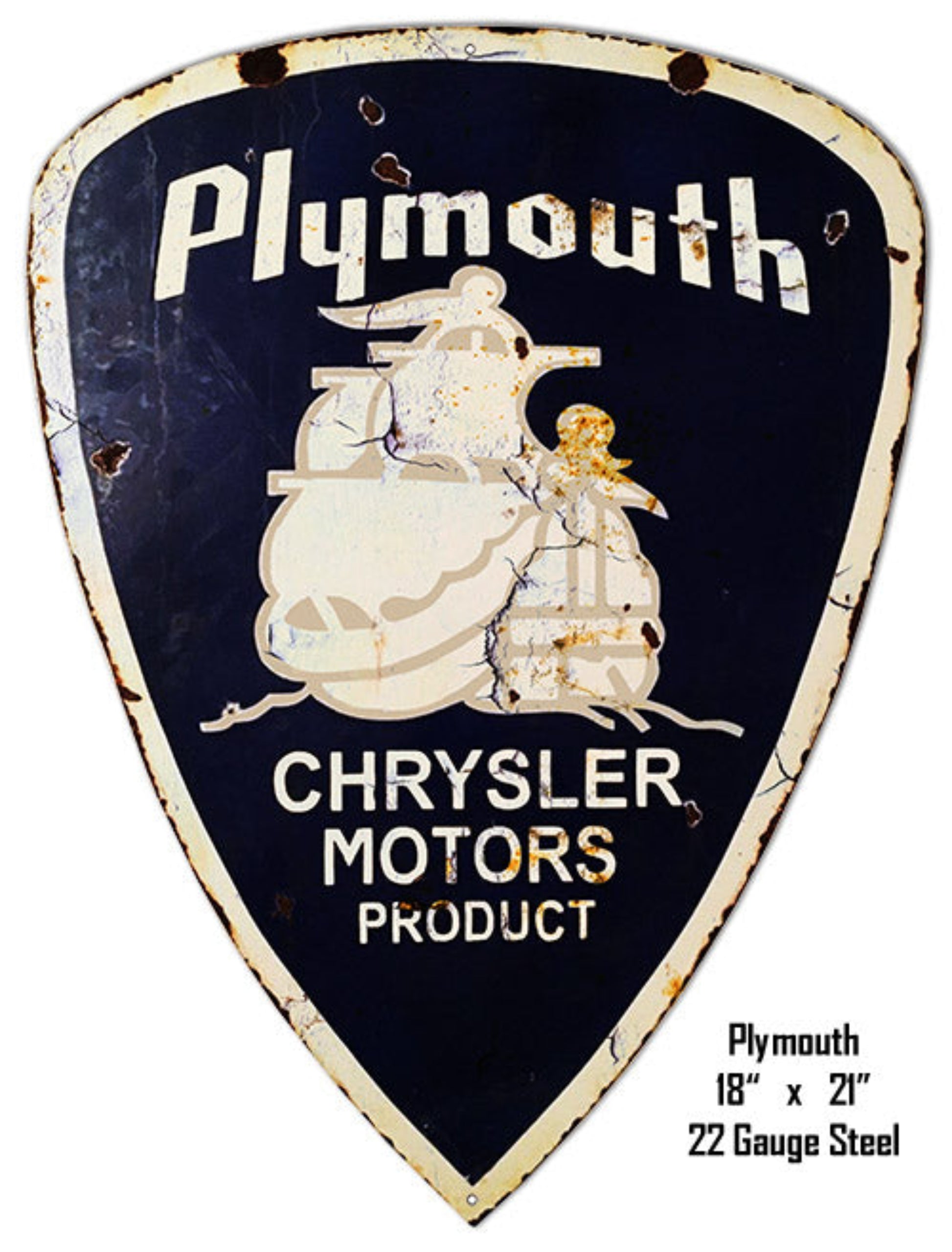 Vintage Plymouth Chrysler Motors metal wall sign featuring the Mayflower logo on a black shield with aged finish, made from 22-gauge steel.